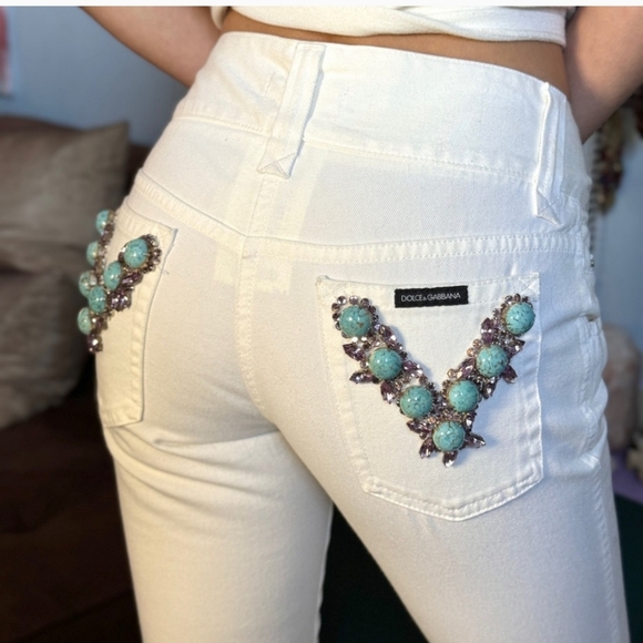 Y2K Dolce & Gabbana White Western glam Turquoise rhinestone Jeans it 36 0/2 - Picture 1 of 9